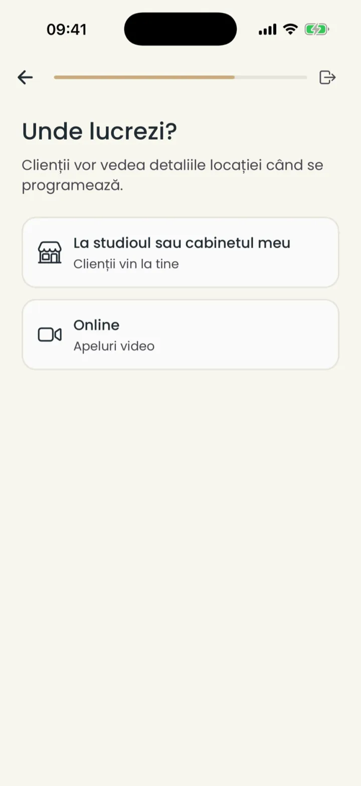 The step that asks where you work: a studio or office, or online
