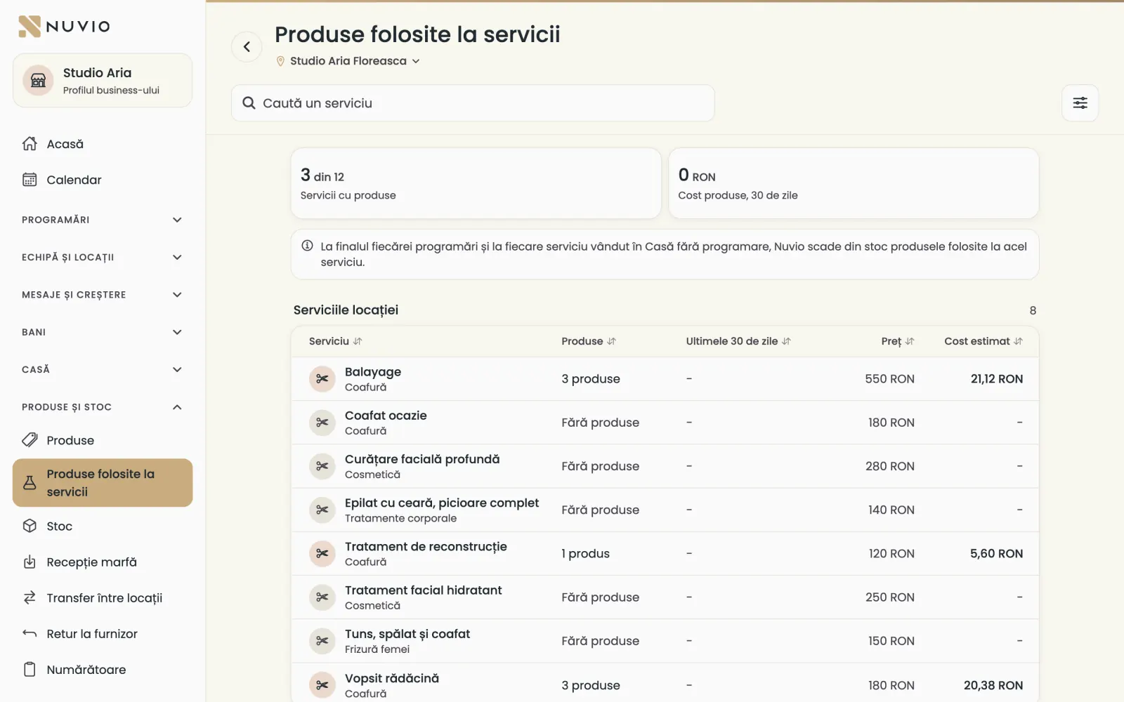 The location's services with the products used, the product cost and the service price
