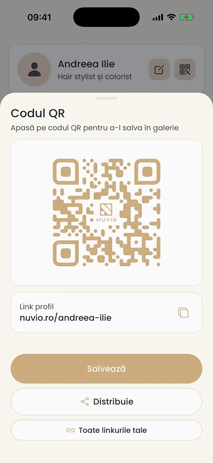Fereastra Codul QR cu codul paginii, linkul profilului și butoanele Salvează și Distribuie