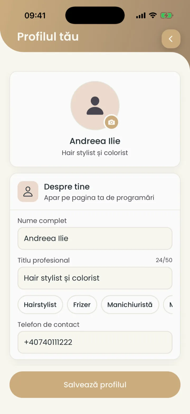 Ecranul Profilul tău, cu poza, numele, titlul profesional și telefonul de contact