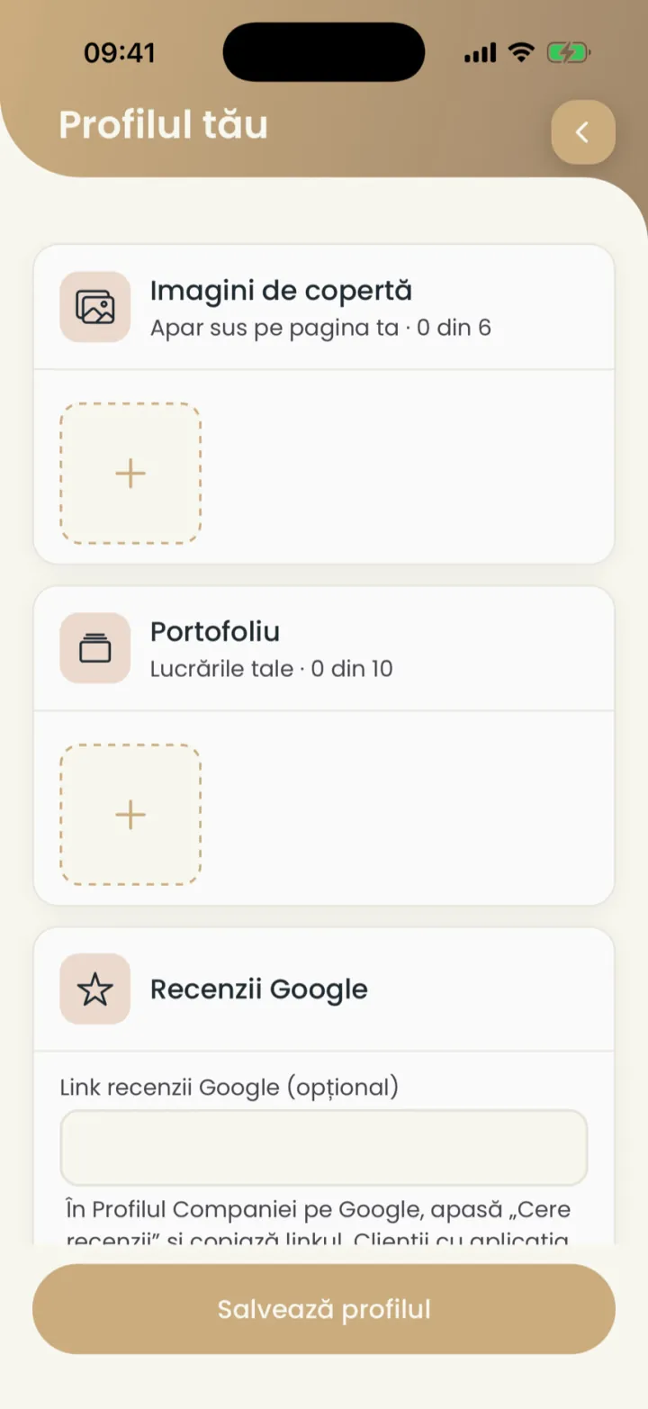 Secțiunile Imagini de copertă și Portofoliu din profil, fiecare cu butonul de adăugare