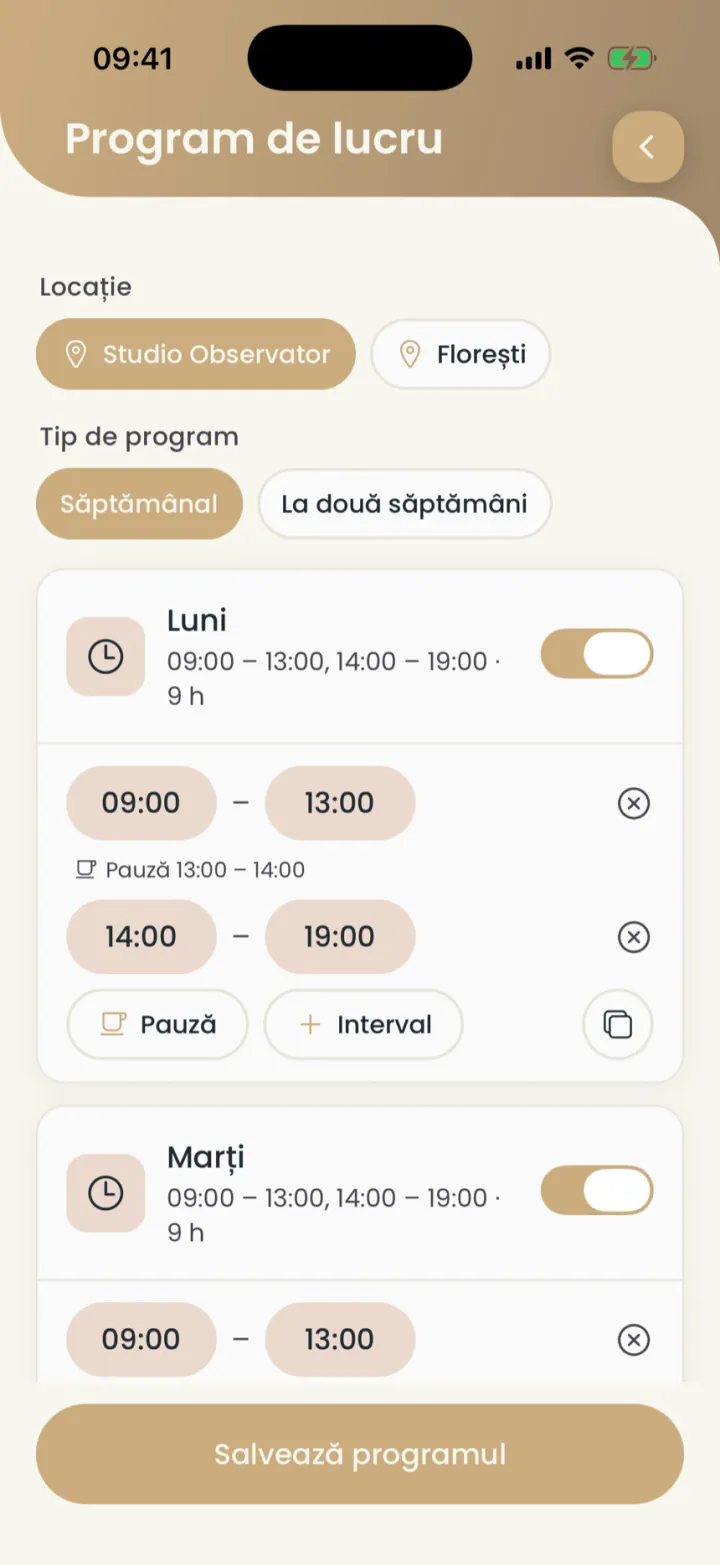 The work schedule: the location, the schedule type and the days with their hours