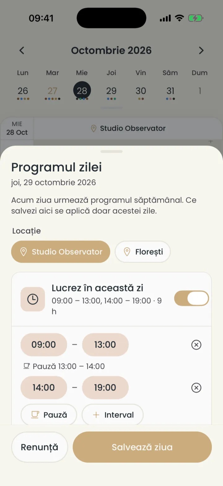 The Day schedule window, with the location, the I work this day switch and the hours of the day