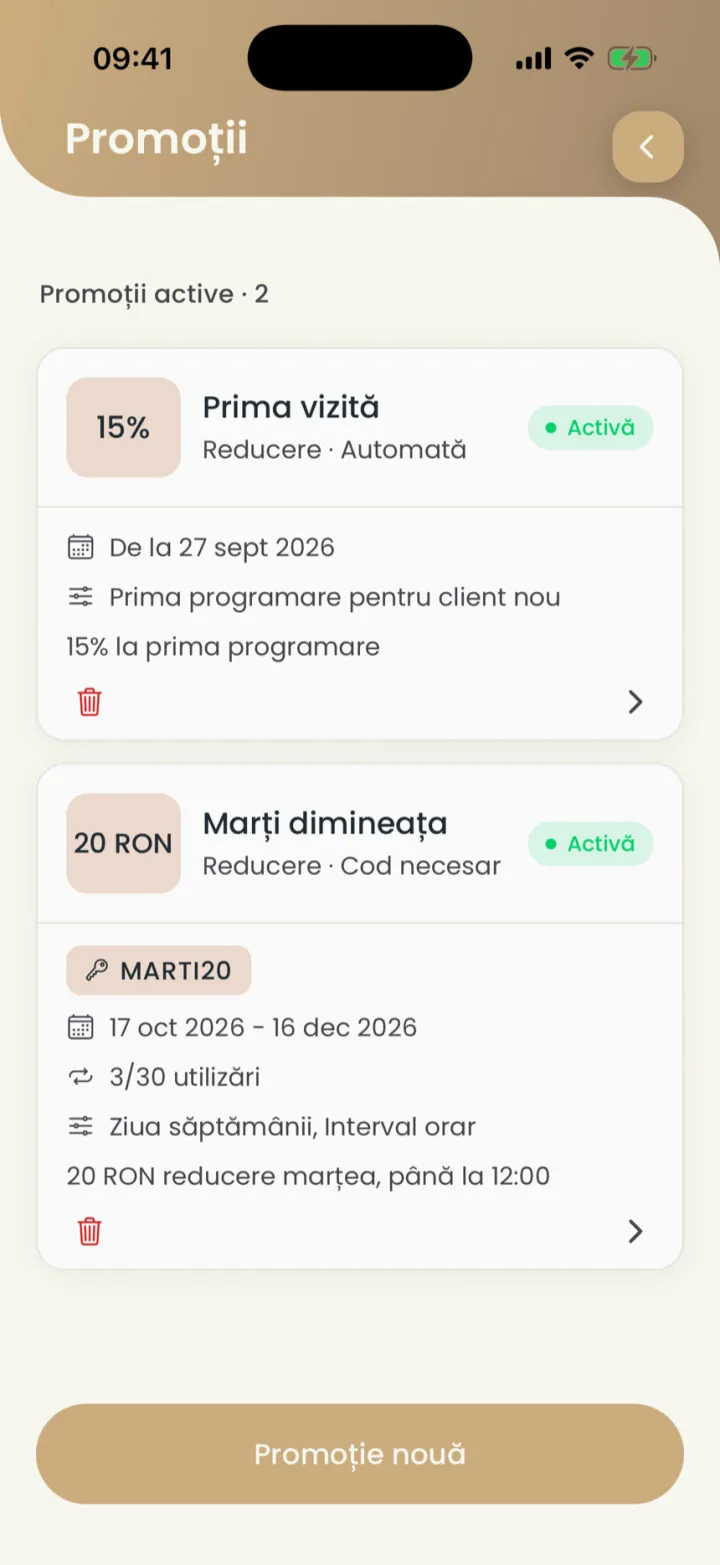 Lista Promoții cu două promoții active: Prima vizită, automată, și Marți dimineața, cu cod