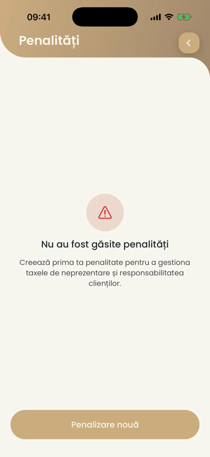 Ecranul Penalități, încă gol, cu butonul Penalizare nouă