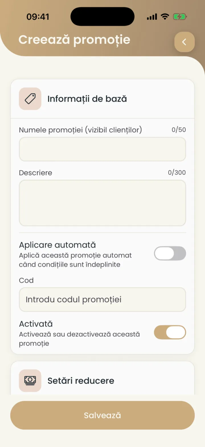 Formularul Creează promoție: numele, descrierea, aplicarea automată, codul și comutatorul Activată