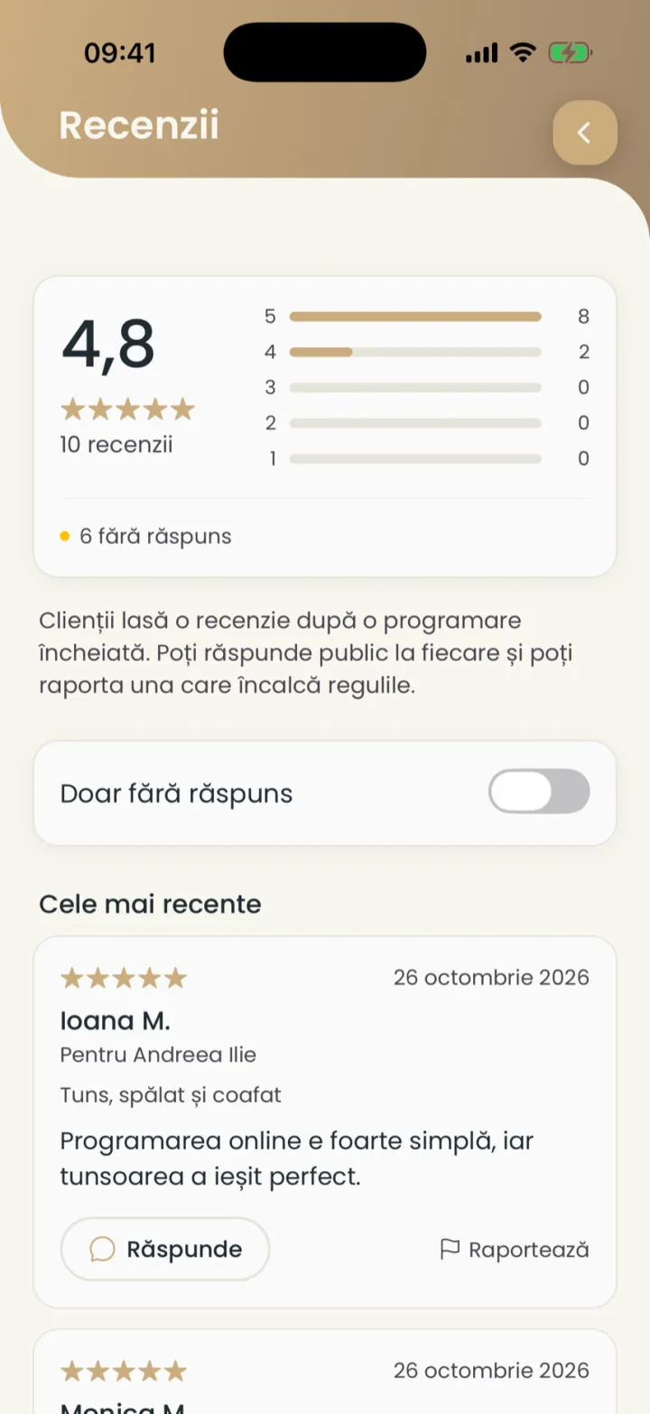 Ecranul Recenzii: nota 4,8 din 10 recenzii, câte sunt fără răspuns și cele mai recente recenzii