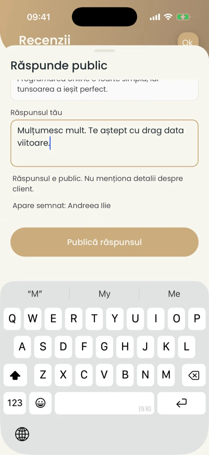 Fereastra Răspunde public, cu răspunsul scris și numele sub care apare