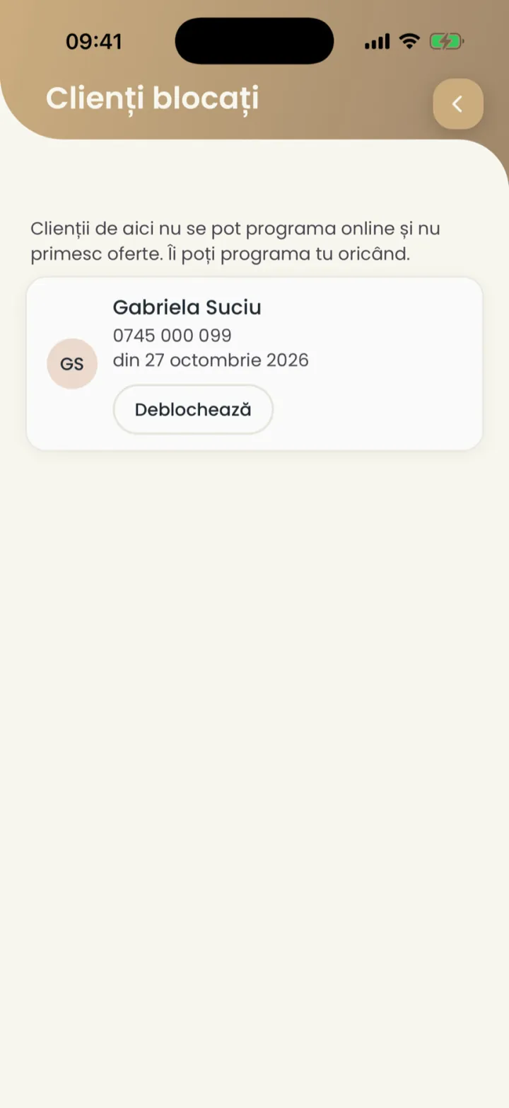 Lista Clienți blocați, cu o clientă, data blocării și butonul Deblochează