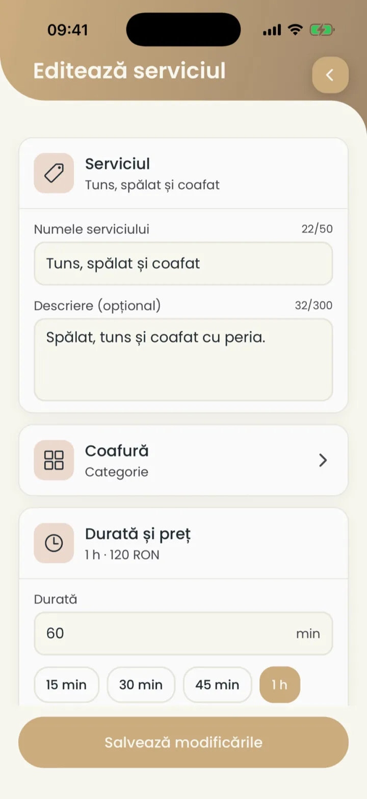 Ecranul Editează serviciul, cu numele, descrierea, categoria și durata