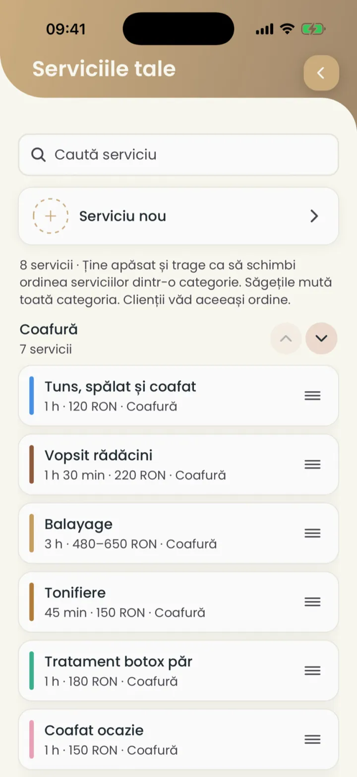 Lista Serviciile tale, cu butonul Serviciu nou și serviciile grupate pe categorii