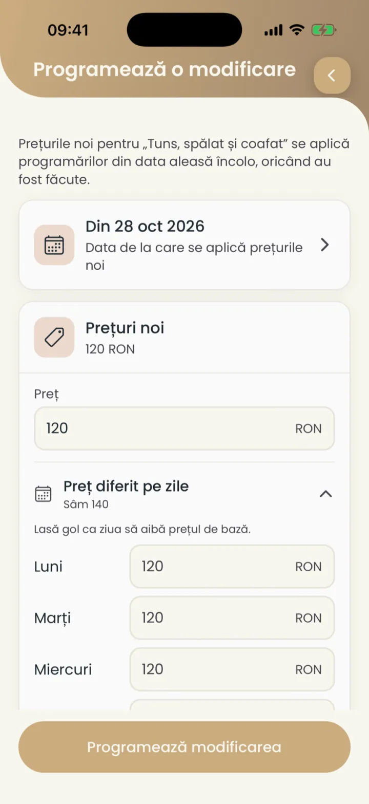 Ecranul Programează o modificare, cu data de început și prețul nou