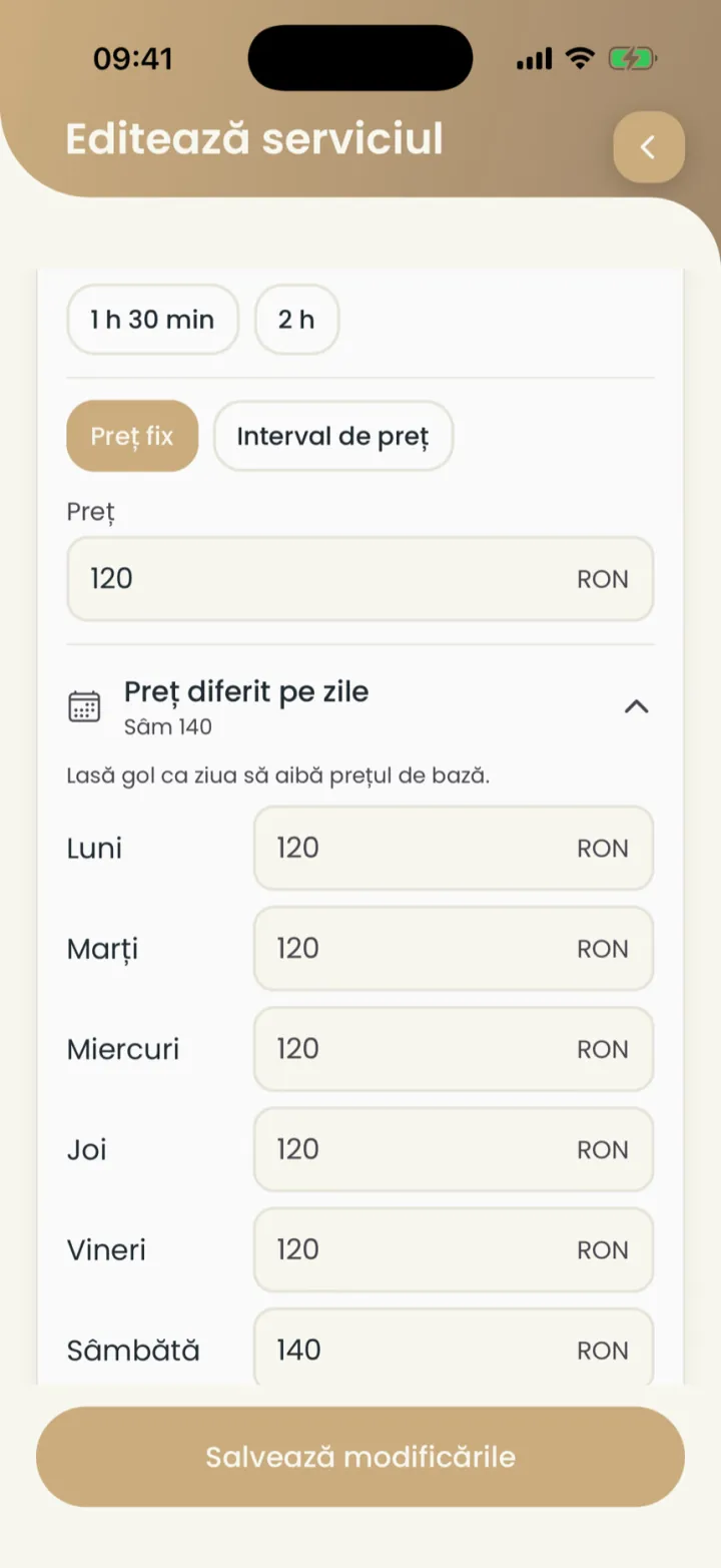 Durata și prețul serviciului, cu alegerea Preț fix sau Interval de preț și prețurile pe zile