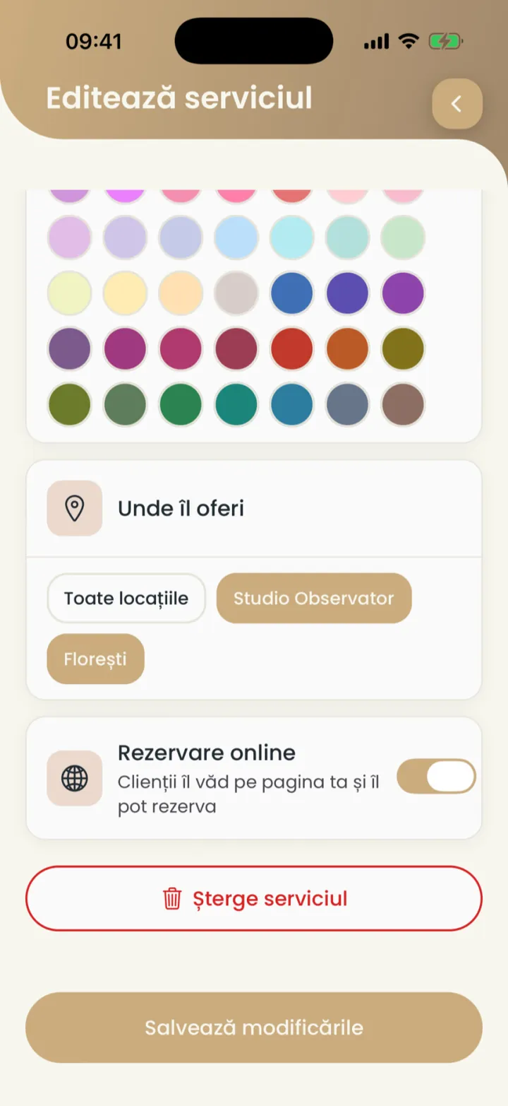 Partea de jos a serviciului, cu locațiile, comutatorul Rezervare online și Șterge serviciul