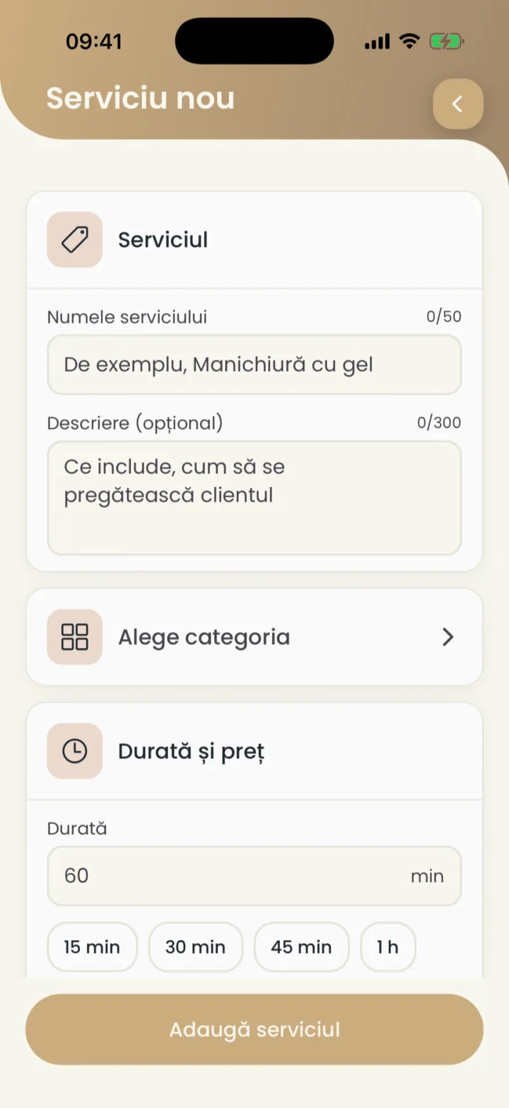 Formularul Serviciu nou: numele, descrierea, categoria, durata și prețul