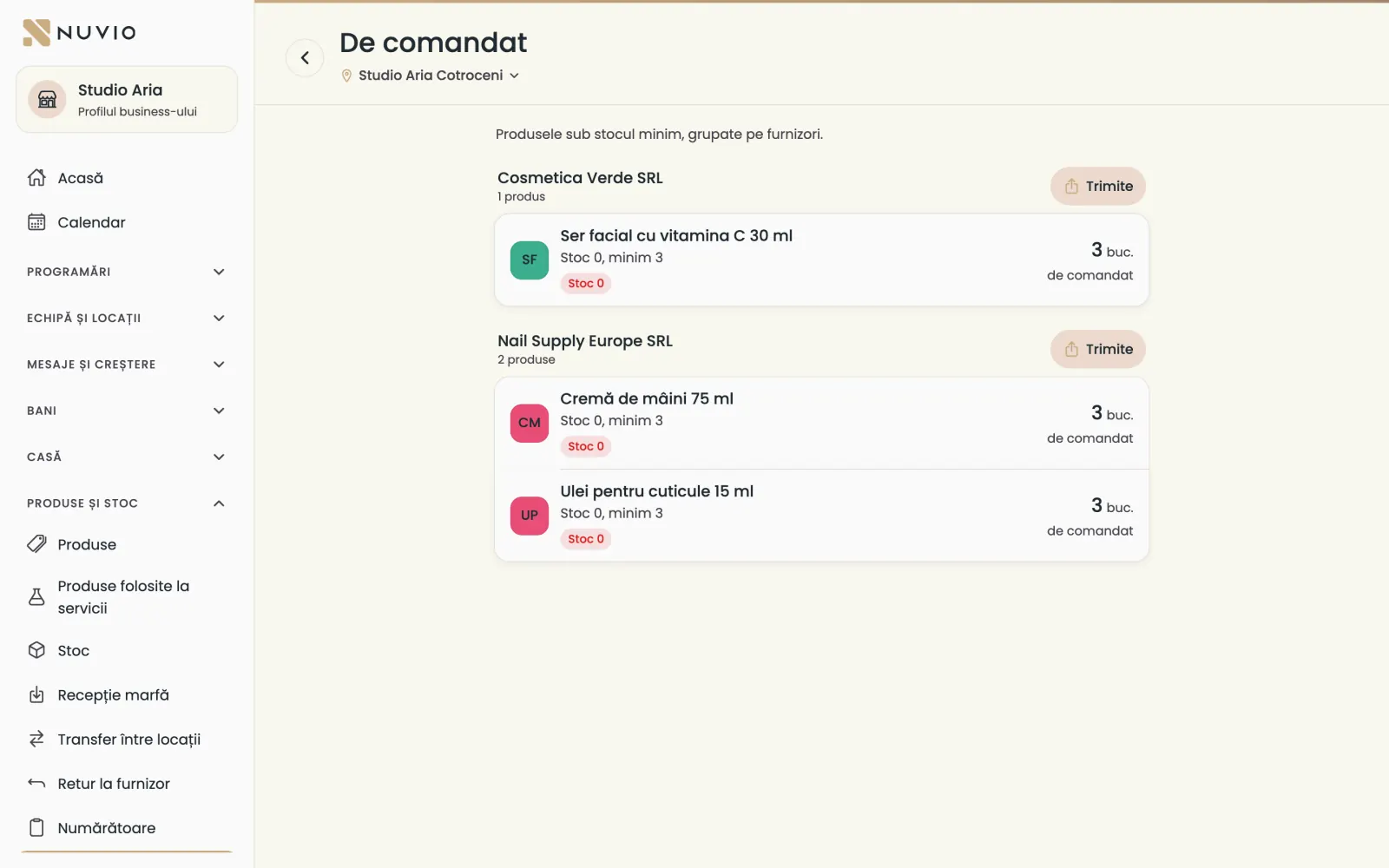 Lista De comandat: produsele sub minim, grupate pe furnizori, cu cantitatea de comandat