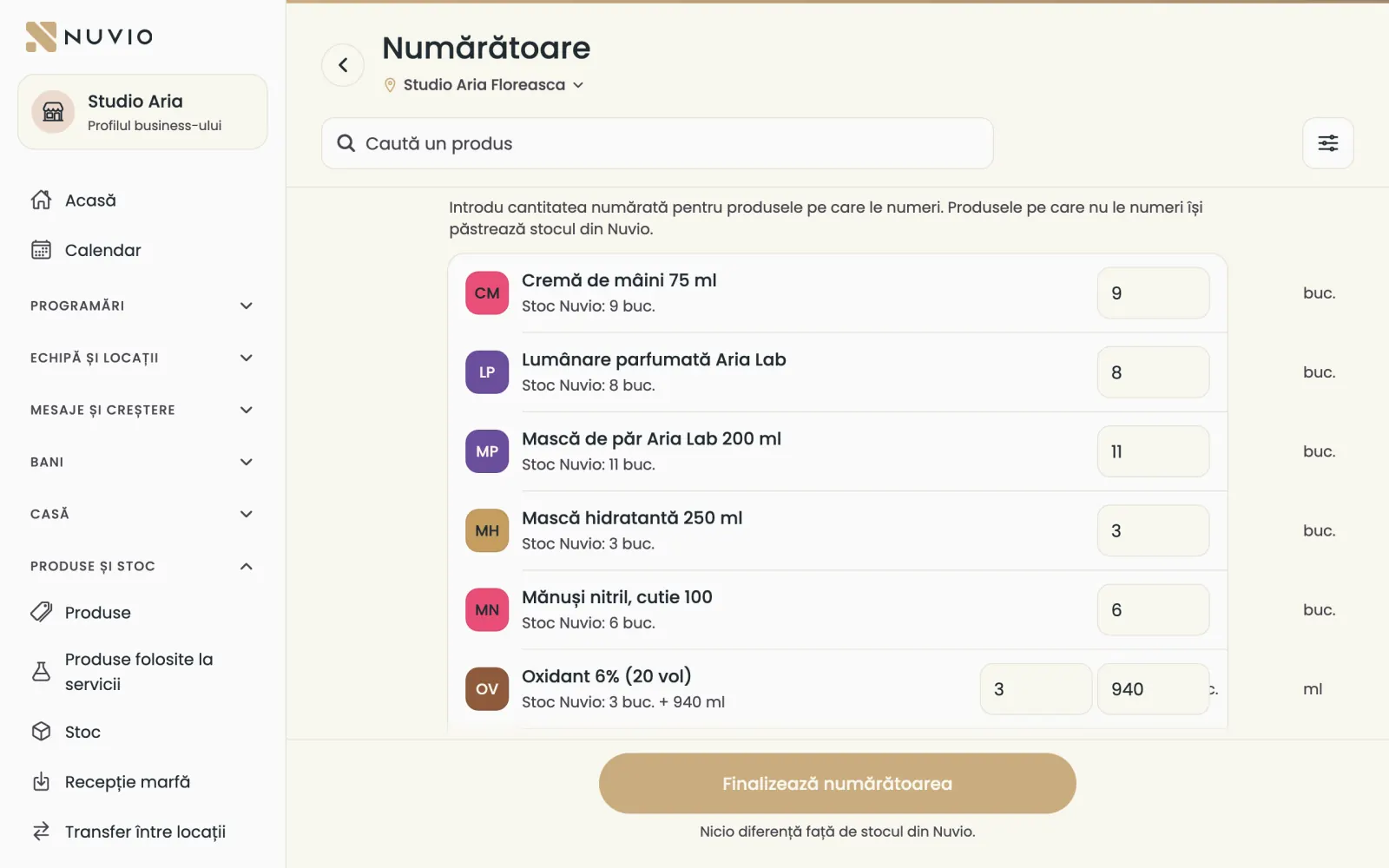 Numărătoarea: fiecare produs cu stocul din Nuvio și câmpul pentru cantitatea numărată