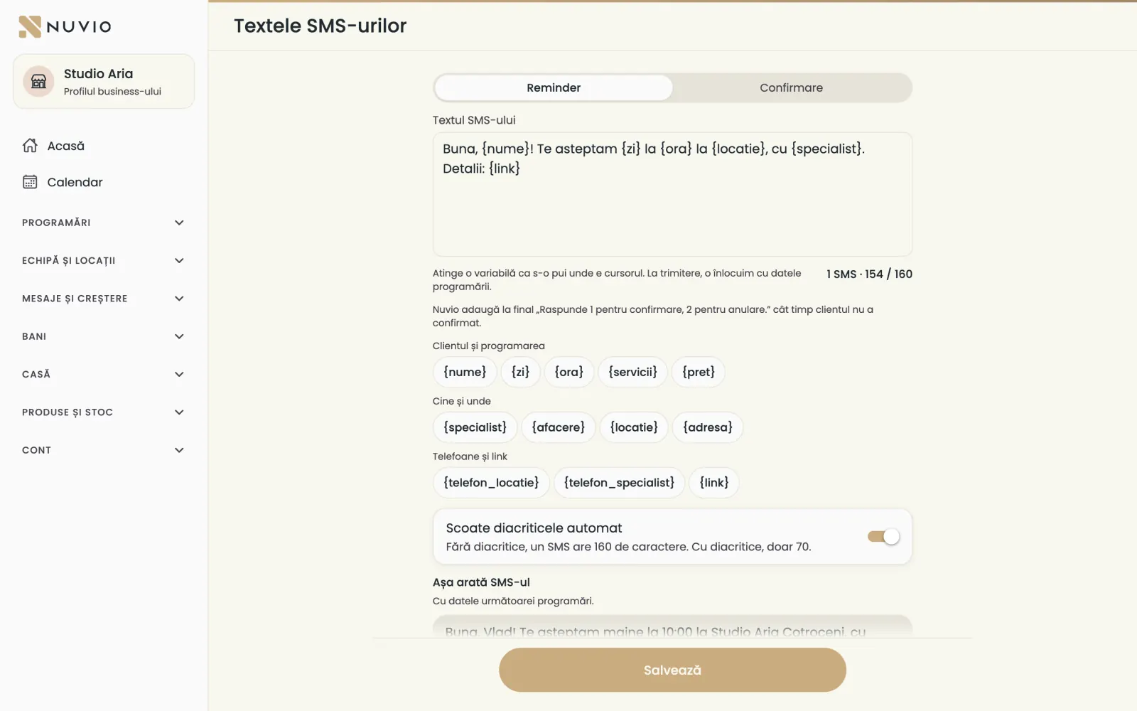 The SMS text editor: the variables, the character counter and the sample message